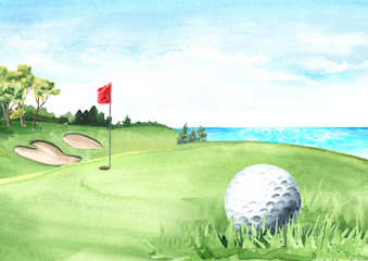 Golf ball and flag on Beautiful golf course with green field with a rich turf, Hand drawn watercolor illustration and background