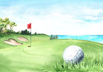 Fototapeten Golf ball and flag on Beautiful golf course with green field with a rich turf, Hand drawn watercolor illustration and background © dariaustiugova