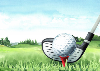Golf club and ball in grass. View of golf course with beautiful green field with a rich turf. Hand drawn watercolor illustration and background
