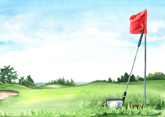 Golf club with ball and flag on Beautiful golf course with green field with a rich turf, Hand drawn watercolor illustration and background