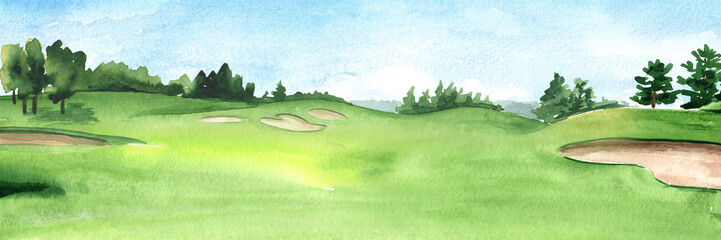 View of golf course with beautiful green field with a rich turf. Hand drawn watercolor illustration and background - obrazy, fototapety, plakaty