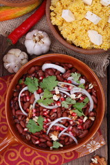 Lobio with corn porridge with cheese and red wine