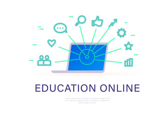 Education online concept. Laptop with video, social media, communication, search, strategy, review icons. Vector flat illustration.