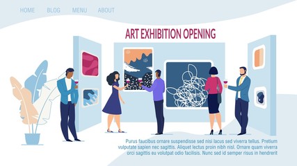 Responsive Landing Page Template Advertising Art Exhibition Opening with Contemporary Artwork. Museum and Gallery with Abstract Creative Artistic Work and People Drinking Alcohol. Vector Illustration