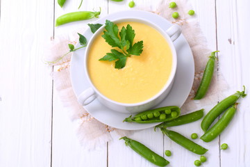 Pea porridge on a wooden table