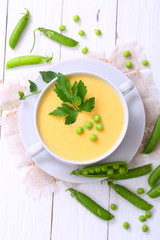 Pea porridge on a wooden table
