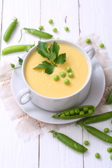 Pea porridge on a wooden table