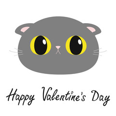 Happy Valentines Day. British Shorthair cat round head face icon. Cute funny cartoon character. Big yellow eyes. Sad emotion. Kitty Whisker Baby pet collection. White background. Flat design.