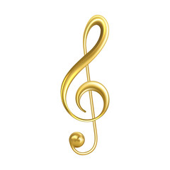 Treble Clef Musical Symbol Golden Color Vector. Classic Treble Clef In Modern Notation And Used For Vocal Music Define Pitch Range Or Tessitura Of Staff. Musician Sign Concept Template 3d Illustration
