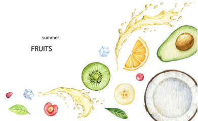 Watercolor vector hand painted card of exotic fruits.