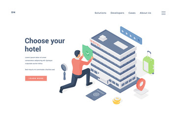 Man choosing and approving hotel. Isometric vector illustration