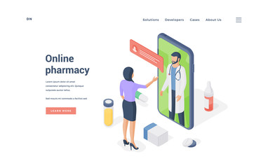 Woman ordering medicine online on smartphone. Isometric vector illustration