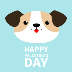 Happy Valentines Day. Dog face head round icon. Cute cartoon kawaii funny baby character. White puppy pooch. Flat design style. Help homeless animal. Adopt me. Pet adoption. Blue background.
