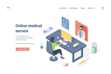 Woman using online medical service. Isometric vector illustration
