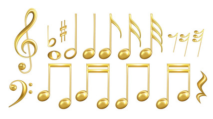 Musical Notes Symbols In Golden Color Set Vector. Collection Of Classic Music Minim And Crotchet, Quaver And Semiquaver, Notes And Treble Clef, Sharp And Minim. Layout 3d Illustrations - obrazy, fototapety, plakaty