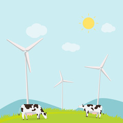 Nature landscape with cows and turbine wind vector illustration.Animal with meadow and mountains in summer.Rural scene ecology concept © vvadyab