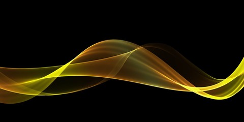  Orange and gold flowing wave on black background. Glowing motion lines backdrop