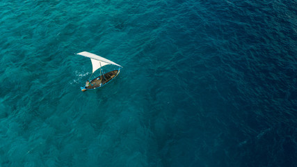 Arial view traditional Sailing vessel use in the Maldives for transportation