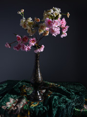 Still life with a bouquet of blooming sakura. Minimalism. Vintage.