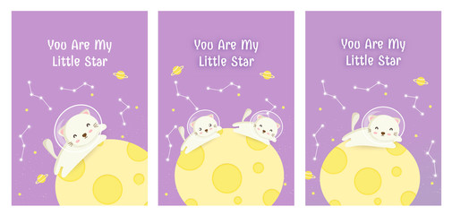 Set of cute greeting cards with cats on the moon in galaxy  for poster , template card .