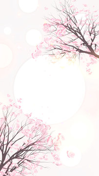 3d rendering picture of beautiful cherry blossom trees on white polka dot pattern background with glowing lights effect. (Vertical)