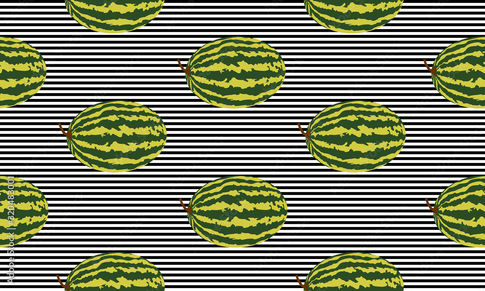 Poster seamless background with black and white stripes and watermelon with black shadow. vector fruit desi