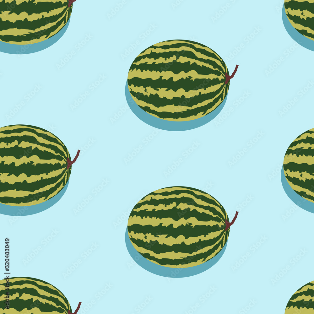 Poster seamless blue background with watermelons with shadow. vector fruit design for pattern or template.