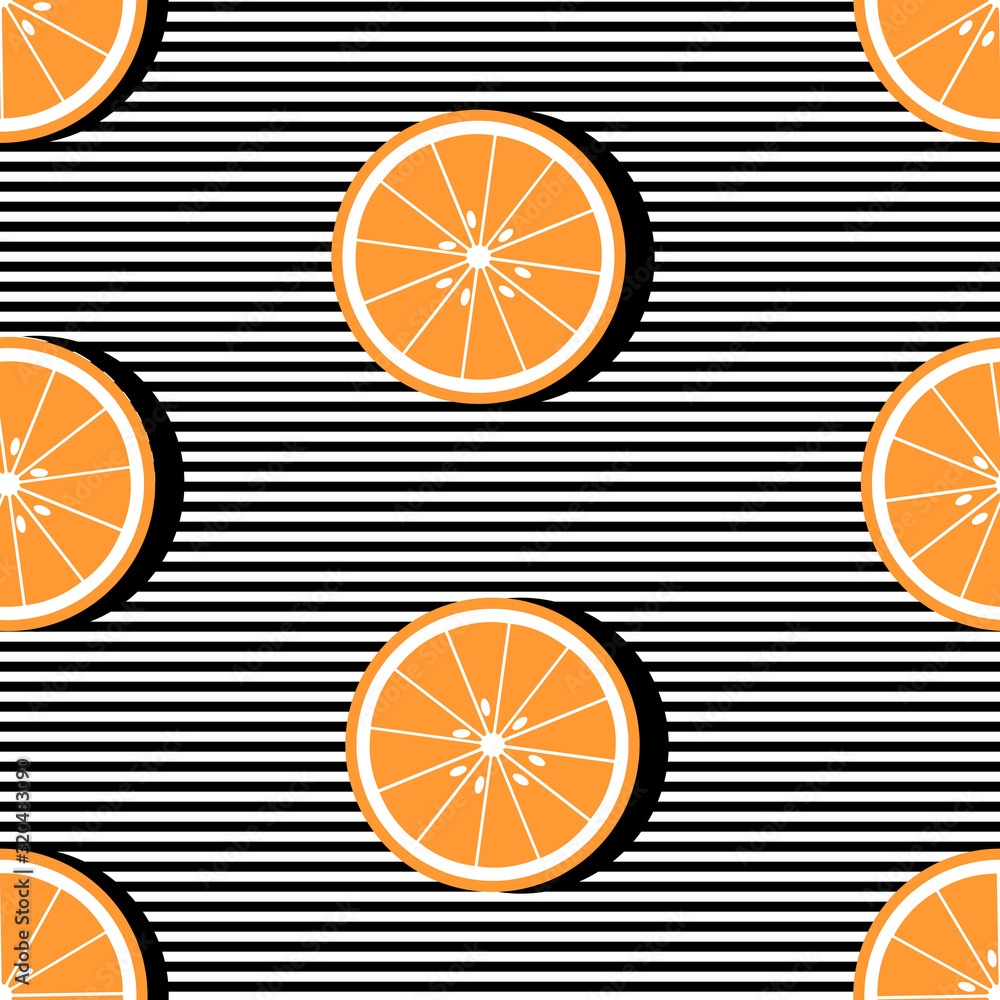 Poster vector seamless background with stripes and oranges slices with black shadow. vector fruit design fo