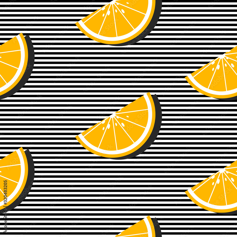 Poster vector seamless background with stripes and oranges slices with black shadow. vector fruit design fo
