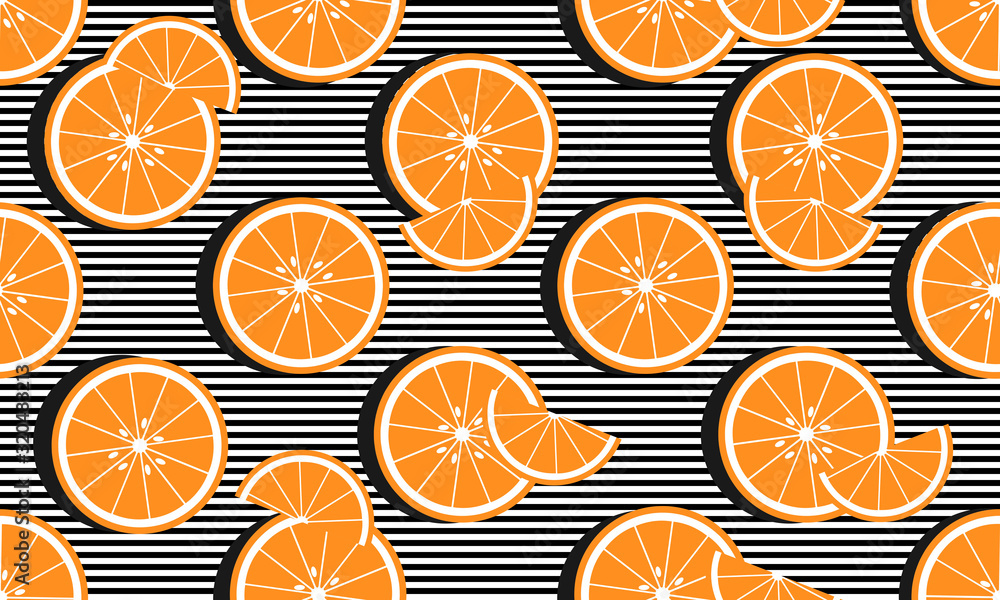 Poster vector seamless background with stripes and oranges slices with black shadow. vector fruit design fo