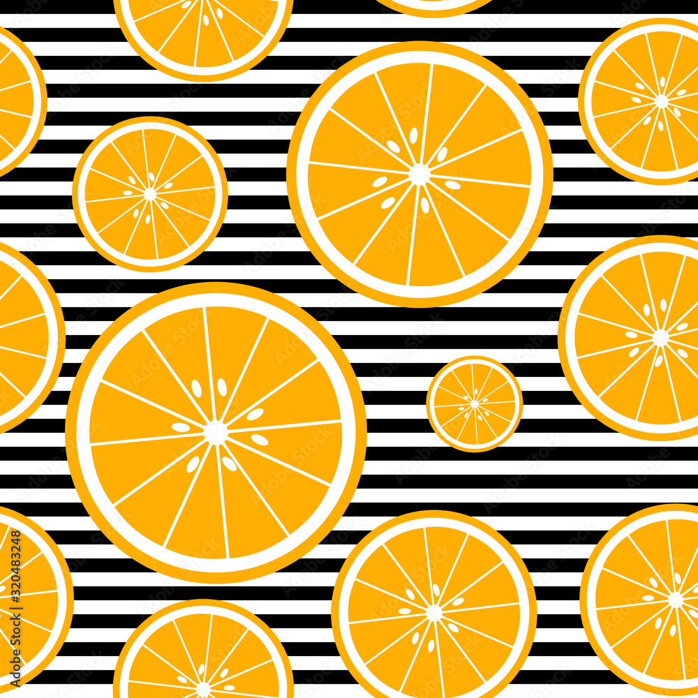 Poster vector seamless background with stripes and oranges slices. vector fruit design for pattern or templ