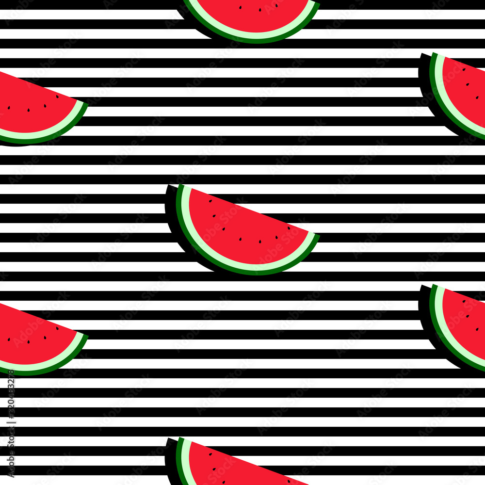 Poster seamless background with black and white stripes and watermelon slices with dark shadow. vector frui