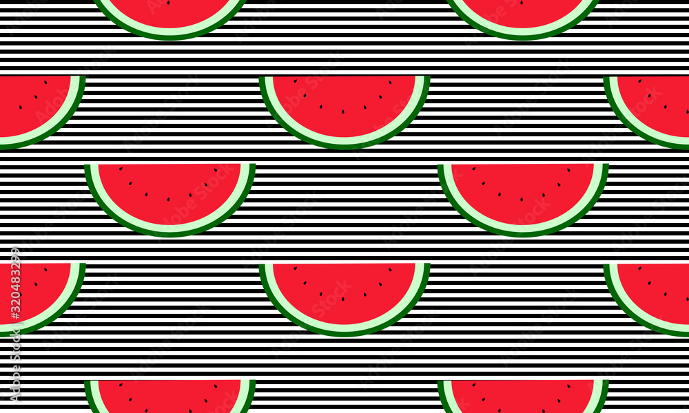 Poster seamless background with black and white stripes and watermelon slices. vector fruit design for patt