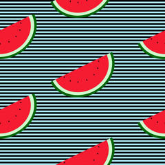 Seamless background with black and blue stripes and watermelon slices. Vector fruit design for pattern or template.