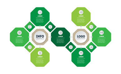 Horizontal Timeline or infographics with seven parts. Development and growth of the business. Time line or Business presentation concept with 7 options and 13 icons.