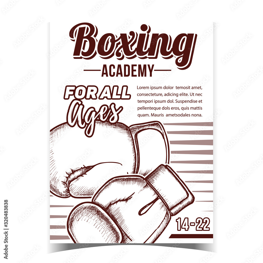 Poster boxing academy creative advertising poster vector. boxing protect sport wear box gloves for knock do