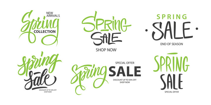 Spring Sale promotional set. Springtime season special offer commercial signs with hand lettering for business, seasonal shopping, sale promotion and advertising. Vector illustration.