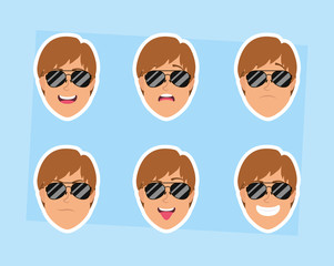 young men heads with sunglasses characters