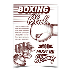 Boxing Sportive Club Advertising Banner Vector. Box Glove With Elastic Cuffs And Padded Protects Knuckles And Man Hand Pointing Gesture. Template Designed In Vintage Style Monochrome Illustration