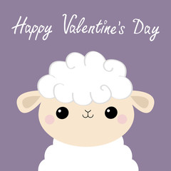 Happy Valentines Day. Sheep lamb face head icon. Cute cartoon kawaii funny smiling baby character. Love greeting card. Flat design. Violet background. Isolated.