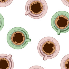 Tea and coffee cups seamless vector pattern. Morning cafe or restaurant breakfast. Top view vector illustration.