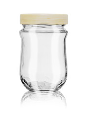 Empty glass jar closed with plastic lid, isolated on white background, with reflection and glare