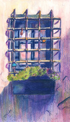 Hand drawn street window with lattice and locks