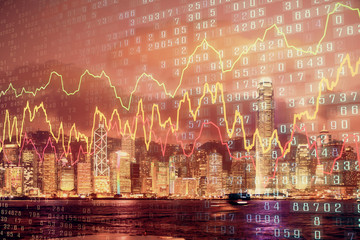 Multi exposure of forex chart drawings over cityscape background. Concept of success.