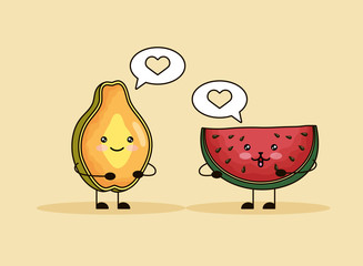 fresh papaya and watermelon kawaii characters