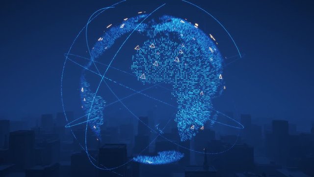 Digital globe hologram with data connections. Flying over the city on the background. The concept of technological cyberspace and worldwide network. 4K Blue colored video footage