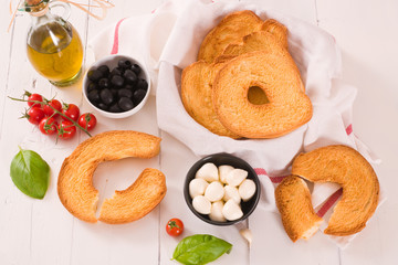 Friselle with tomatoes and mozzarella cheese.