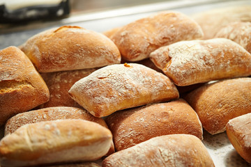 Pile of bread at bakery 