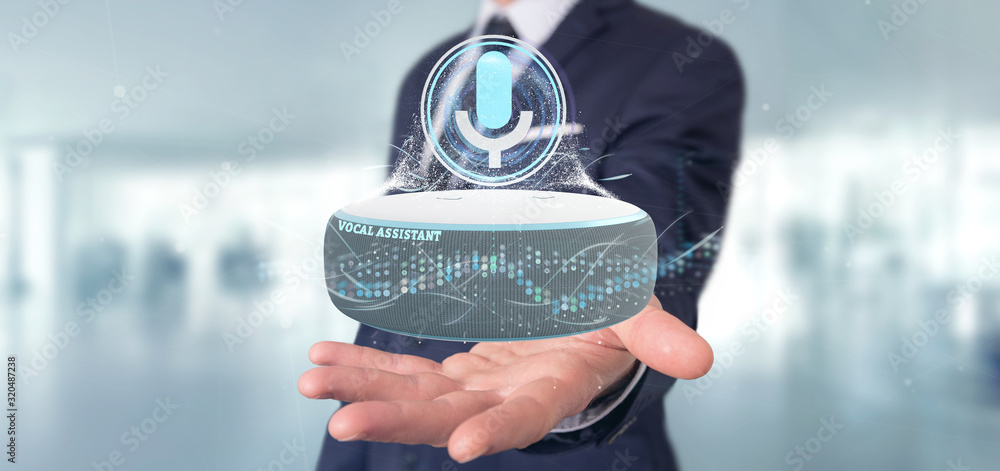 Poster businessman holding a vocal assistant and wave equaliser - 3d rendering