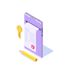 Digital signature, Electronic Smart contract.  Isometric Vector illustration.  Can use for web template.
